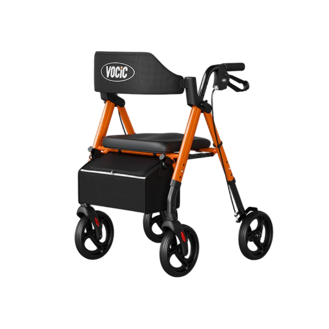 An orange Lightweight Folding 4-Wheel Rollator | VOCIC Z21, this mobility aid features four black wheels, a padded seat, a black storage bag underneath, and a curved backrest displaying the VOCIC brand name.